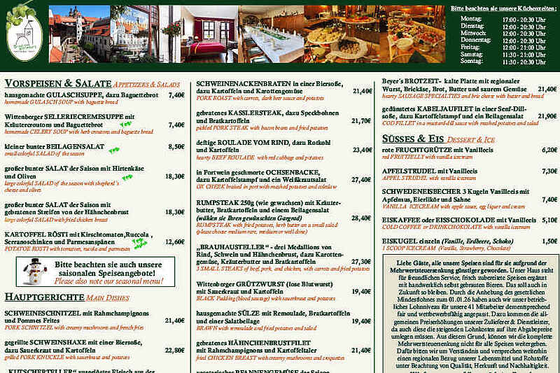 Aktuelle Speisekarte Brauhaus Wittenberg