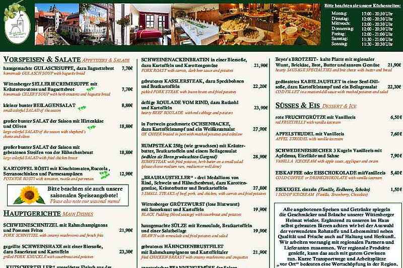 Aktuelle Speisekarte Brauhaus Wittenberg