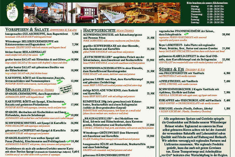 Aktuelle Speisekarte Brauhaus Wittenberg