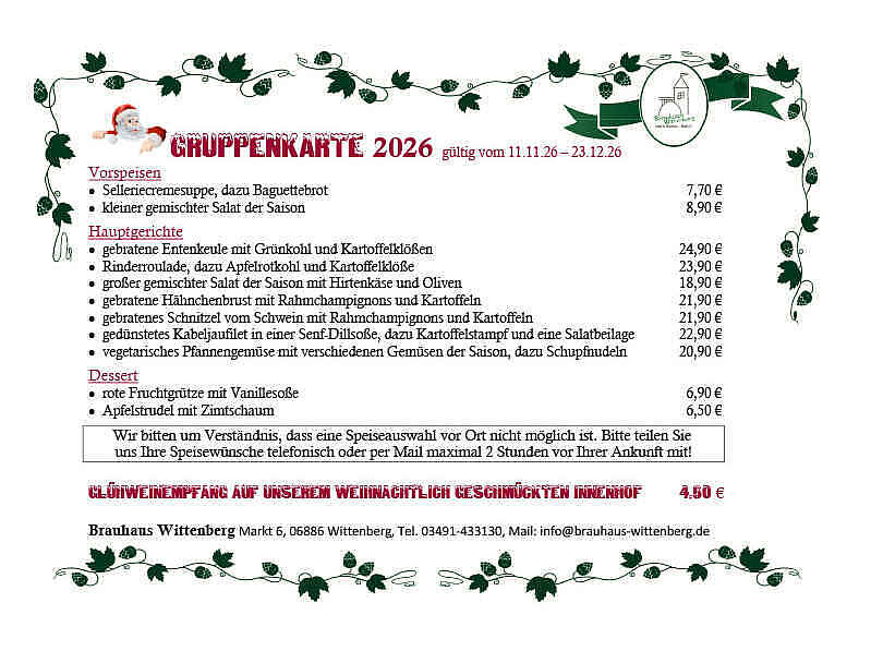 Menu for tour groups