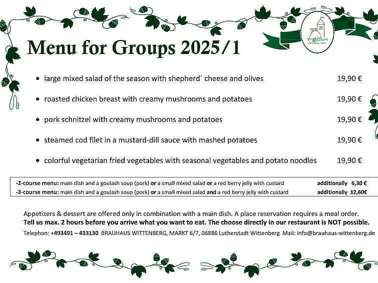 Menu for tour groups