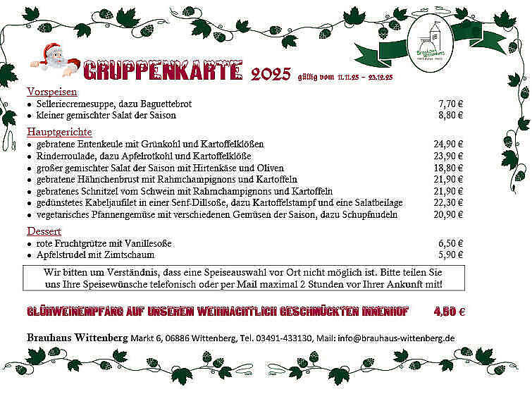 Gruppenkarte - Brauhaus Wittenberg 