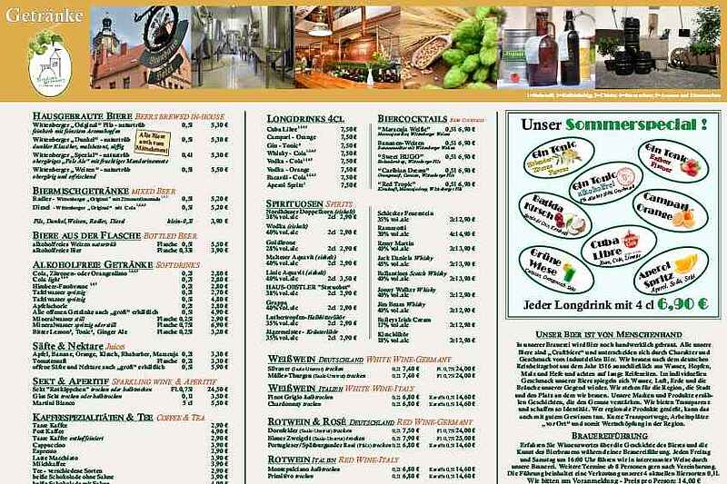 Aktuelle Getränke Karte Brauhaus Wittenberg